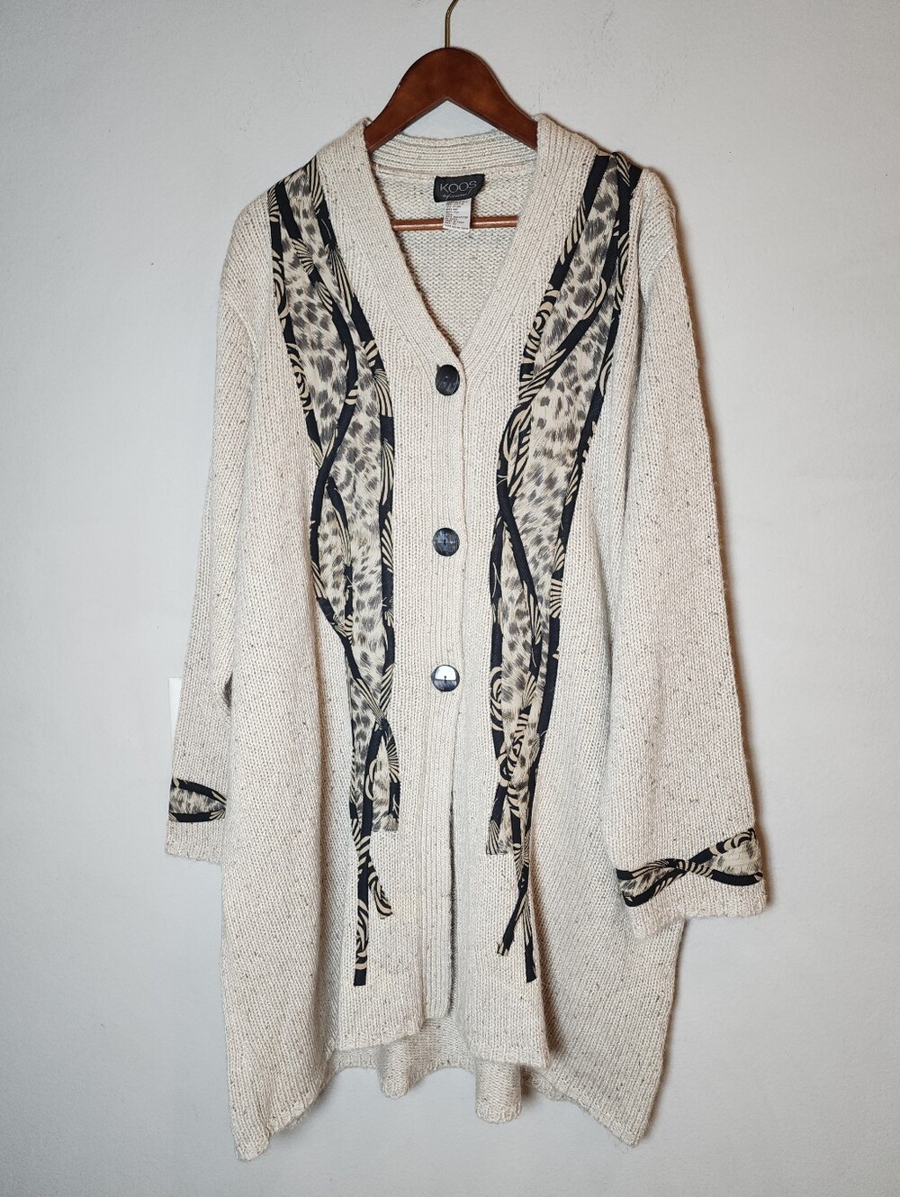 KOOS Of Course Silk Knit Button Cardigan Beige Animal Print Women's Size 2X